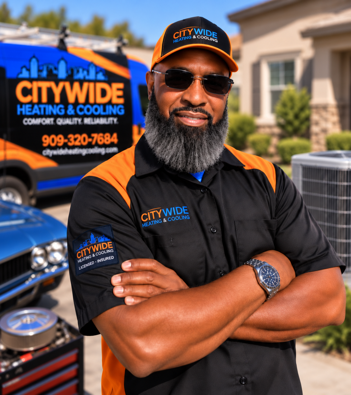 CITYWIDE Heating & Cooling technician in uniform with a branded service van and AC unit